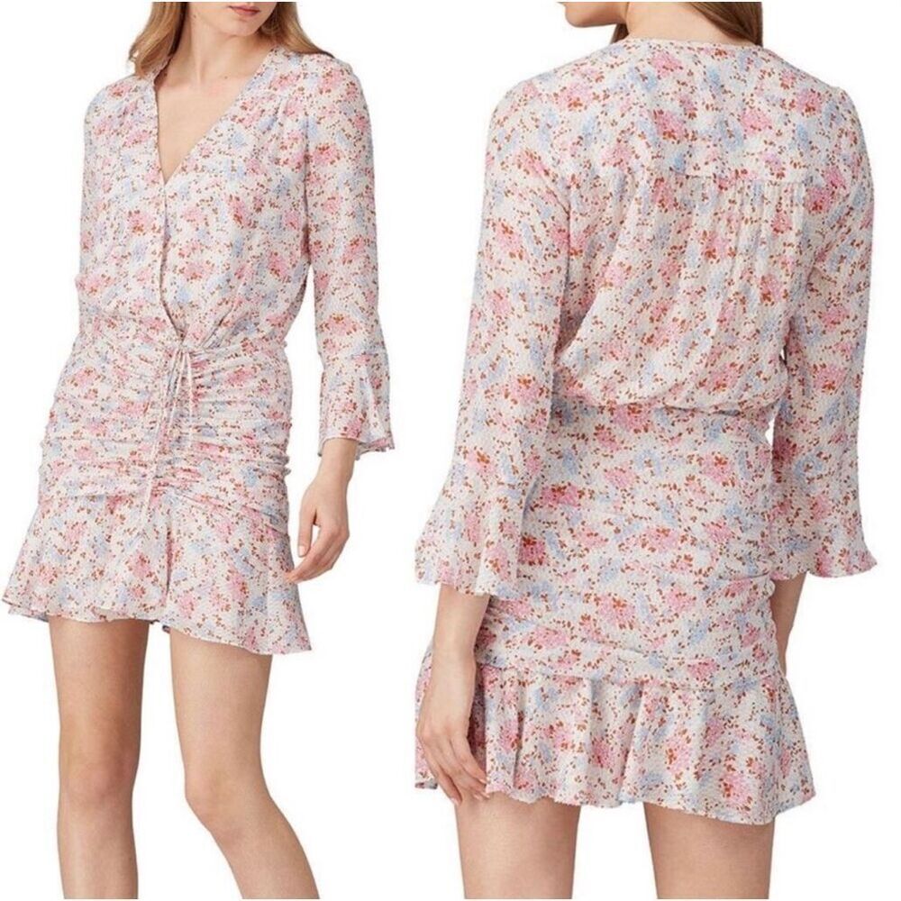Veronica Beard Sean Floral Silk Faux Wrap Ruched Ruffle Mini Dress 4 Boho Spring